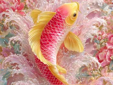 Koi fish breaks through the waves and rolls up a wave of luck for you